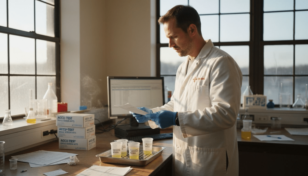 Lab technician checks drug reporting workflow
