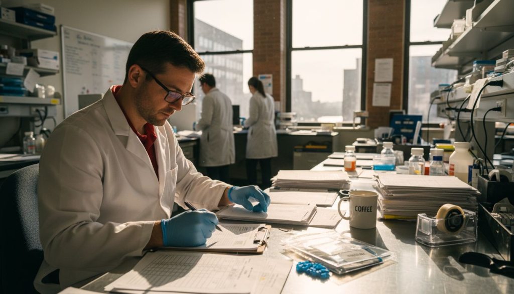 Technician organizing drug test documents