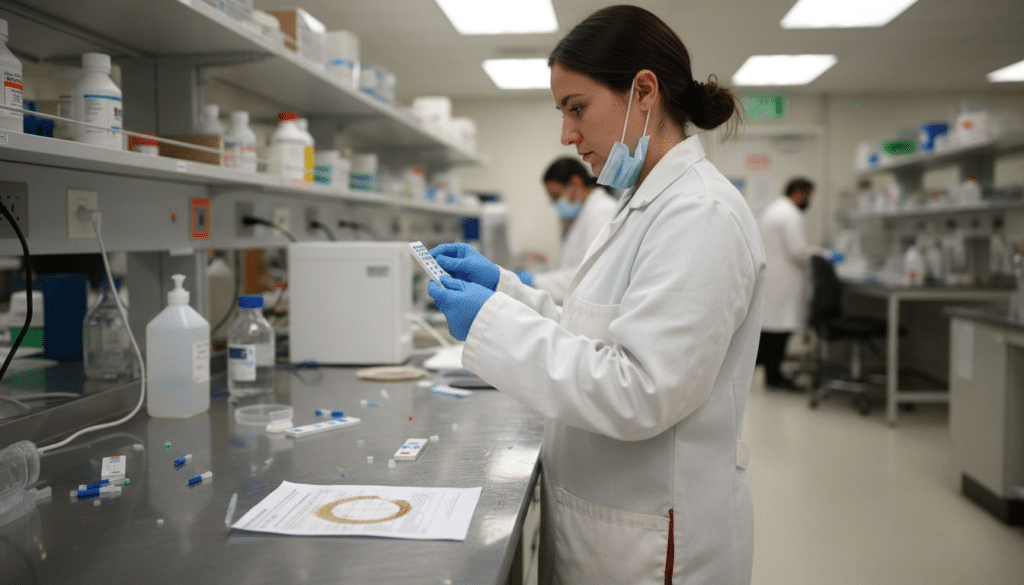 Lab technician examines drug test kits