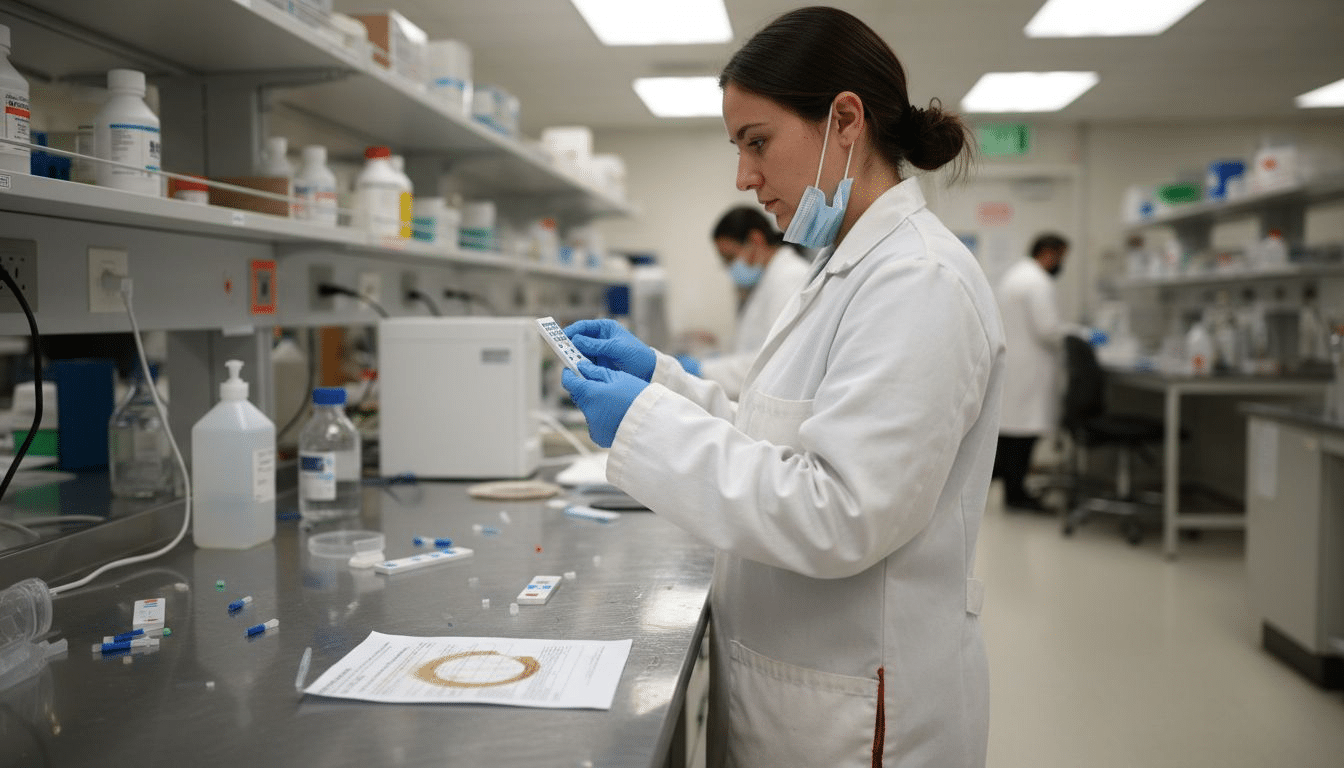 Lab technician examines drug test kits