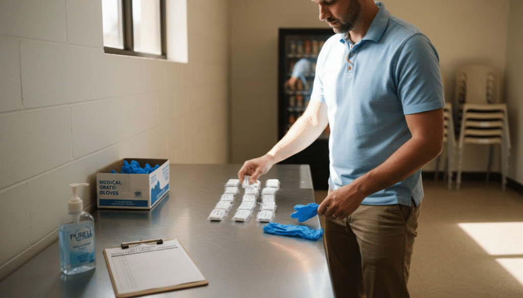 Technician prepping drug test kits on table
