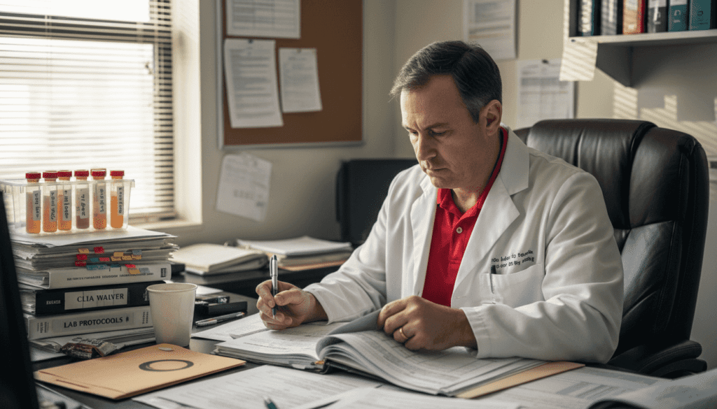 Lab supervisor reviews drug test panel forms
