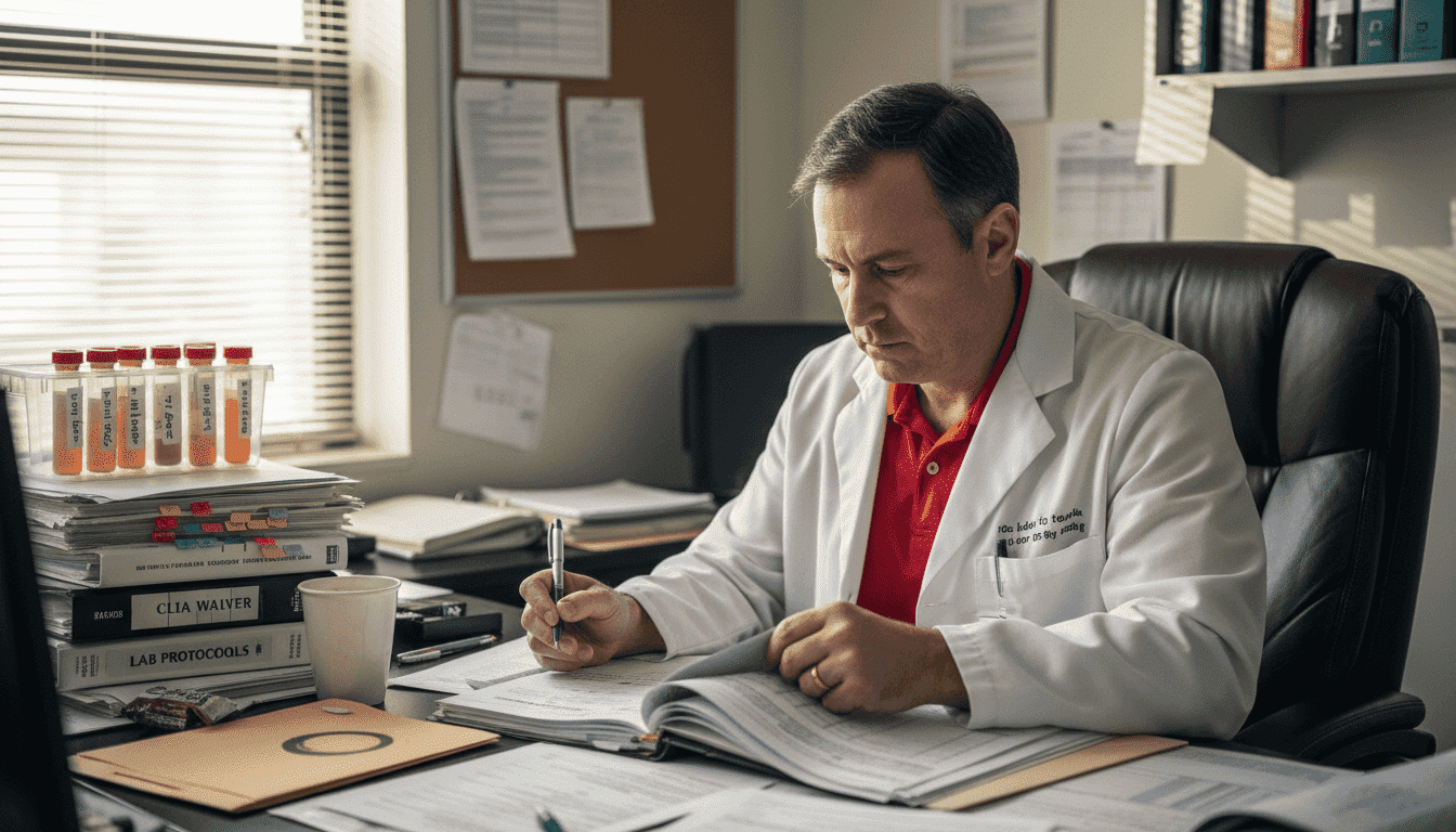 Lab supervisor reviews drug test panel forms