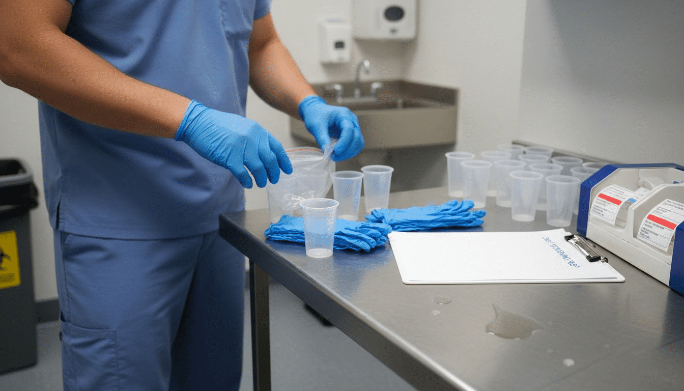 Technician prepares urine test collection area