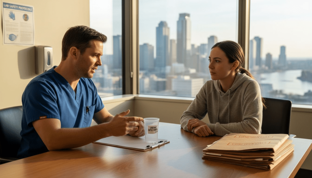 Clinician explains drug testing in clinic office