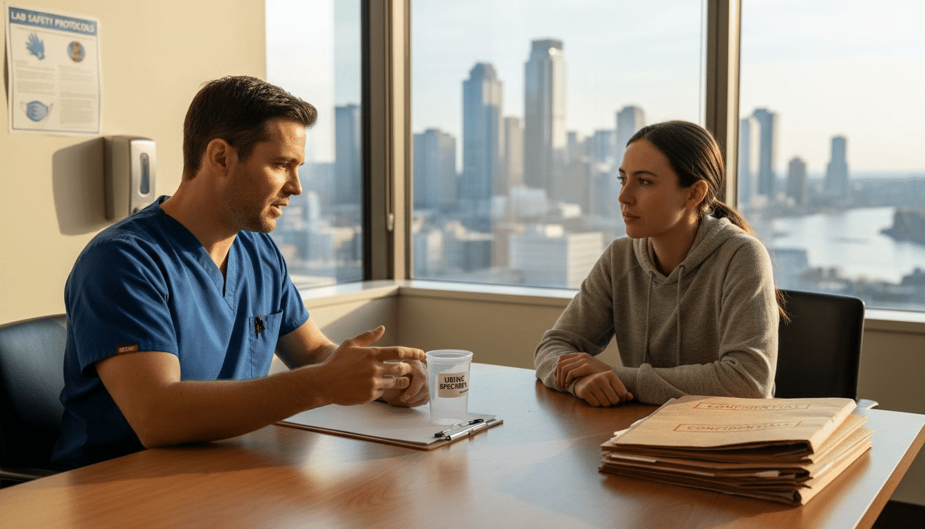 Clinician explains drug testing in clinic office