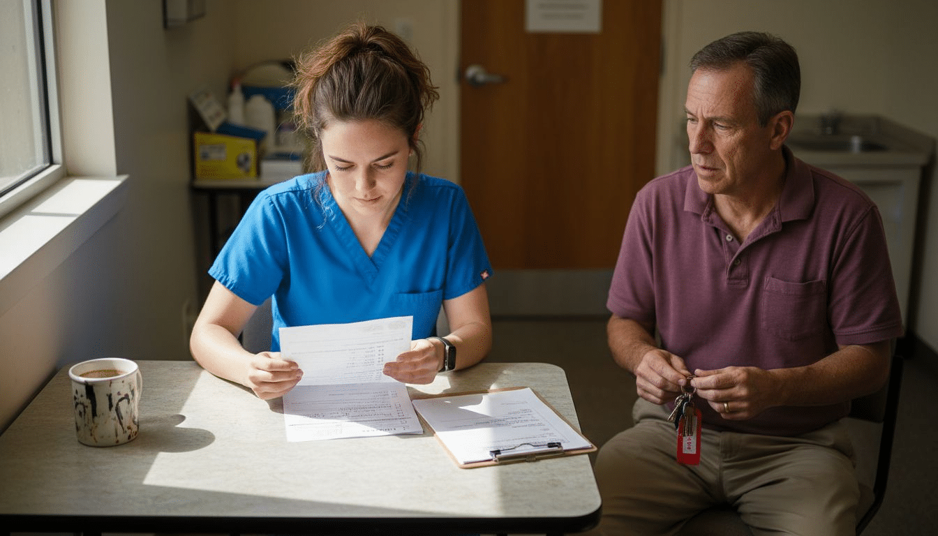 Clinic nurse reviewing screening form with patient