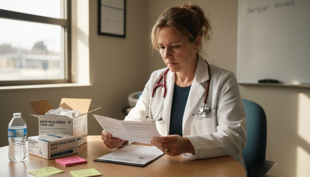 Clinician reviewing drug test results in office