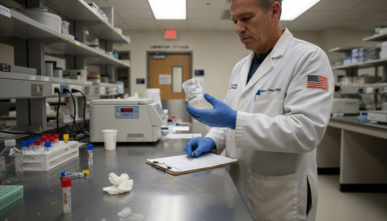 Lab technician preparing urine drug test sample