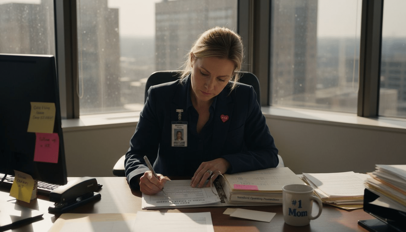 Compliance officer checking paperwork for drug testing