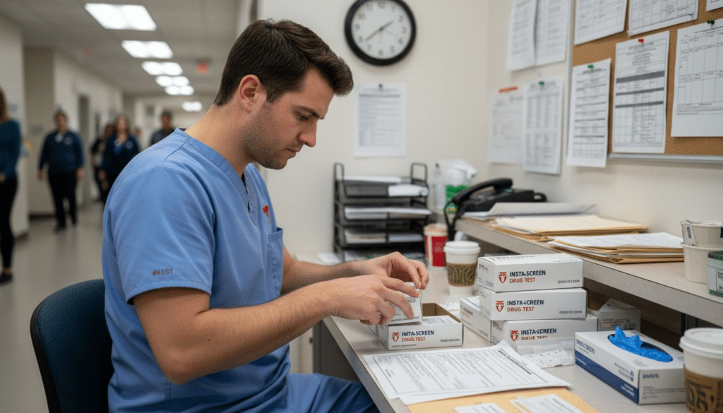 Nurse unboxes CLIA waived drug testing kits