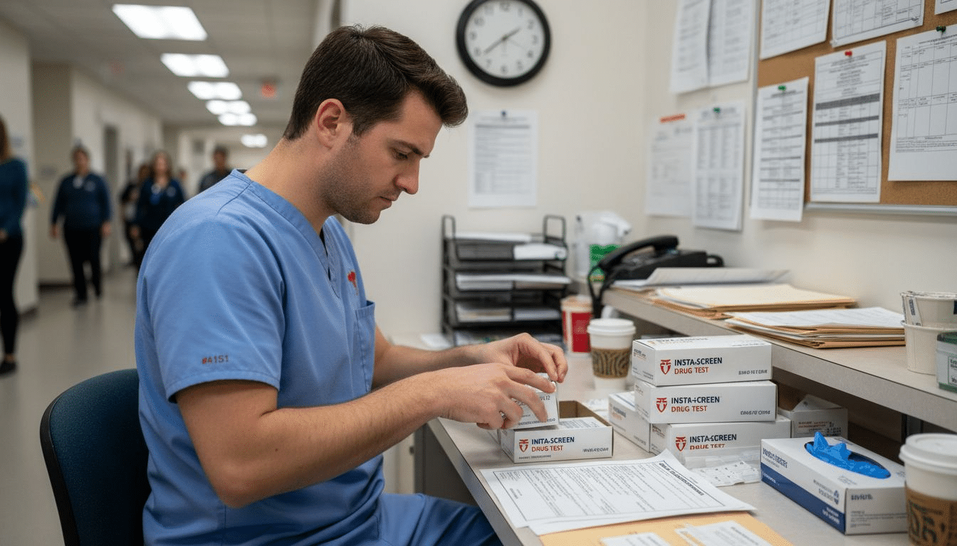 Nurse unboxes CLIA waived drug testing kits