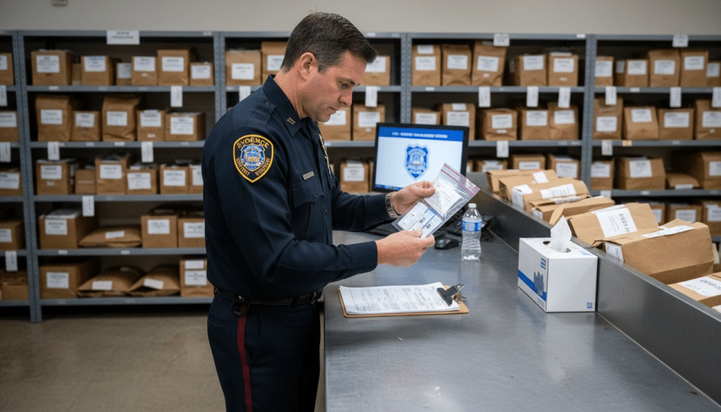 Police supervisor checking drug test kits