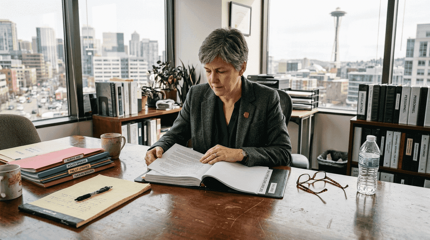 Compliance officer reviewing drug testing policy binder