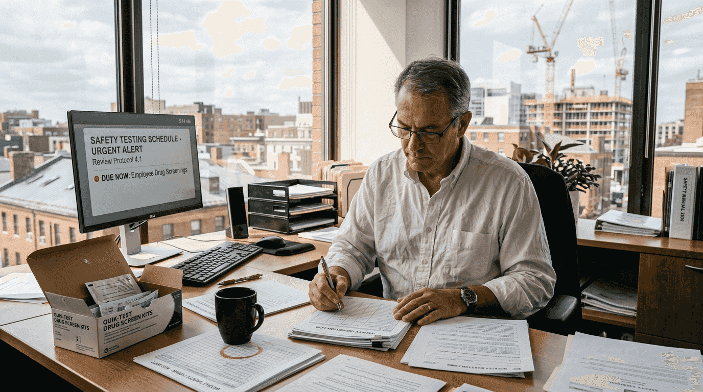 Supervisor reviewing drug testing schedule paperwork