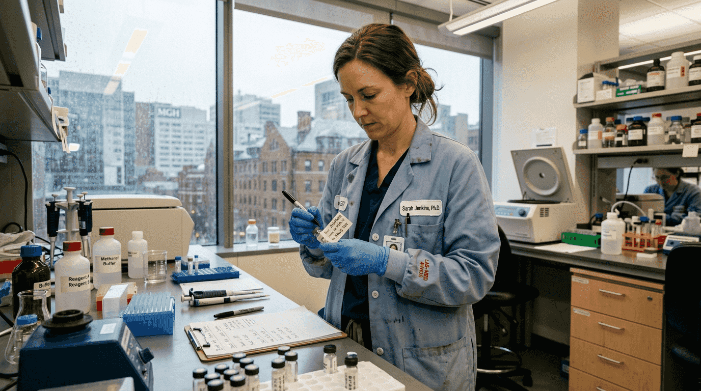 Scientist labeling samples in drug test lab