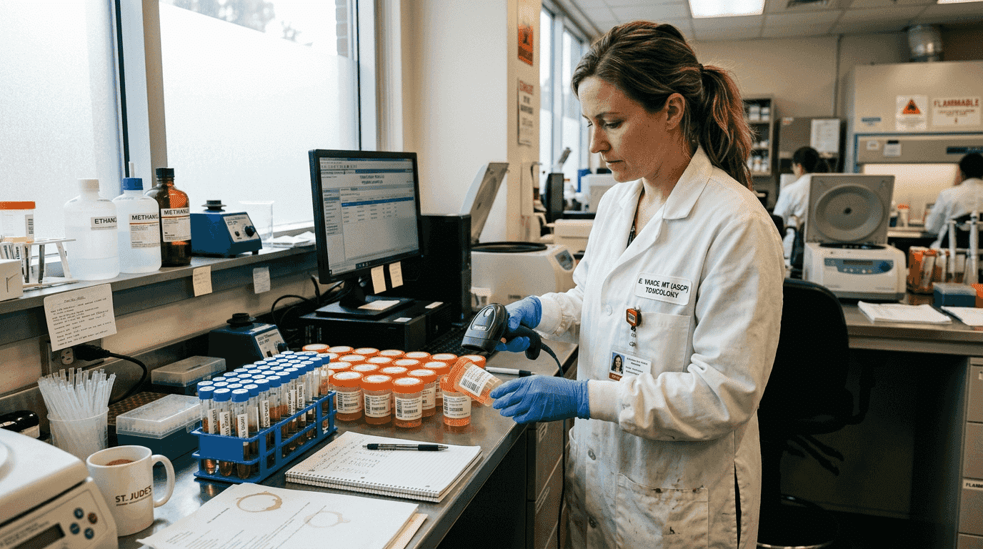 Technician handling drug test samples in lab