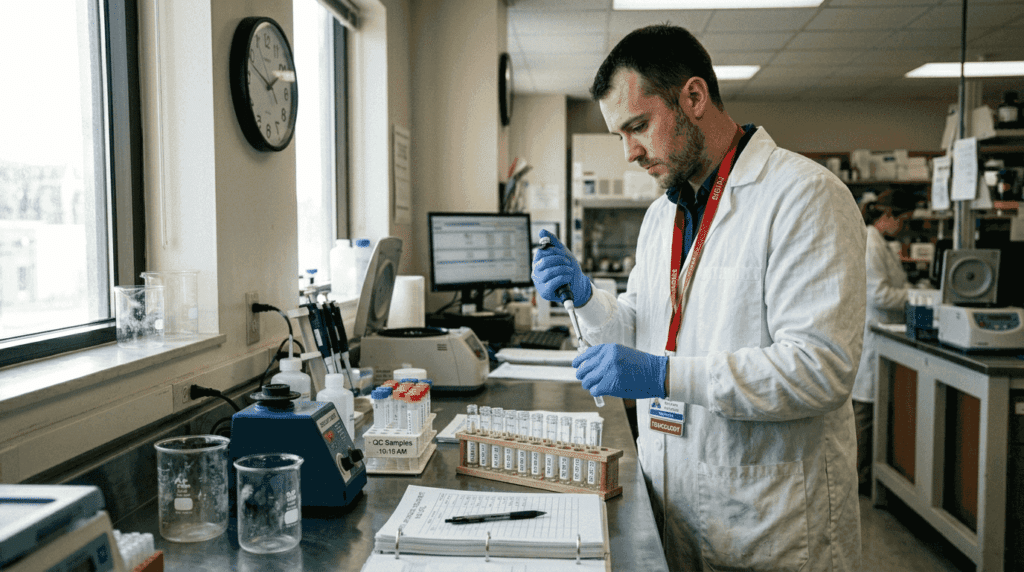 Lab technician performing drug test quality control