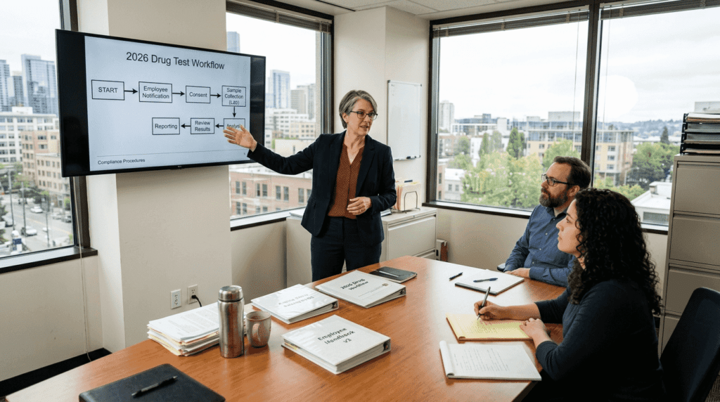 Compliance team reviewing workflow flowchart
