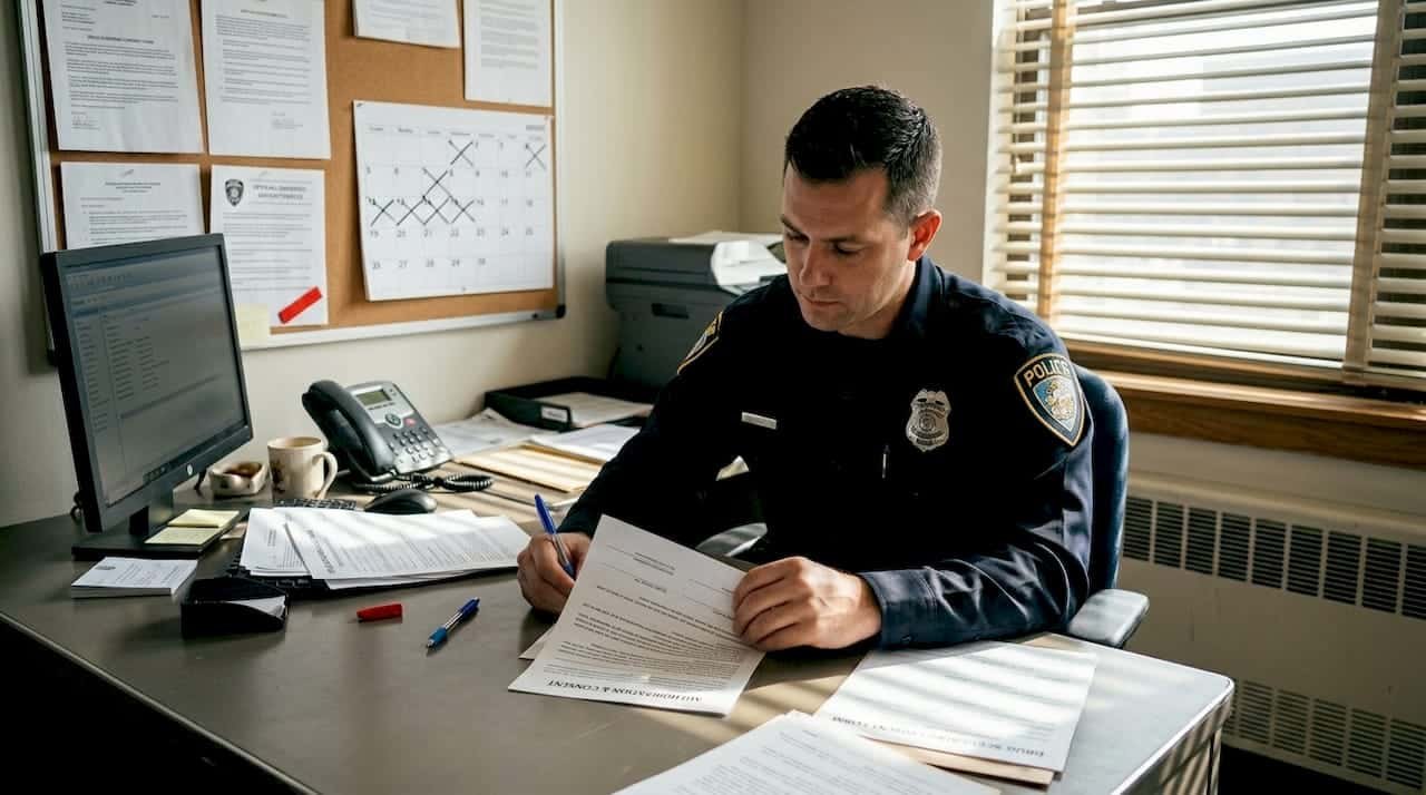 Officer completing drug screening paperwork at desk