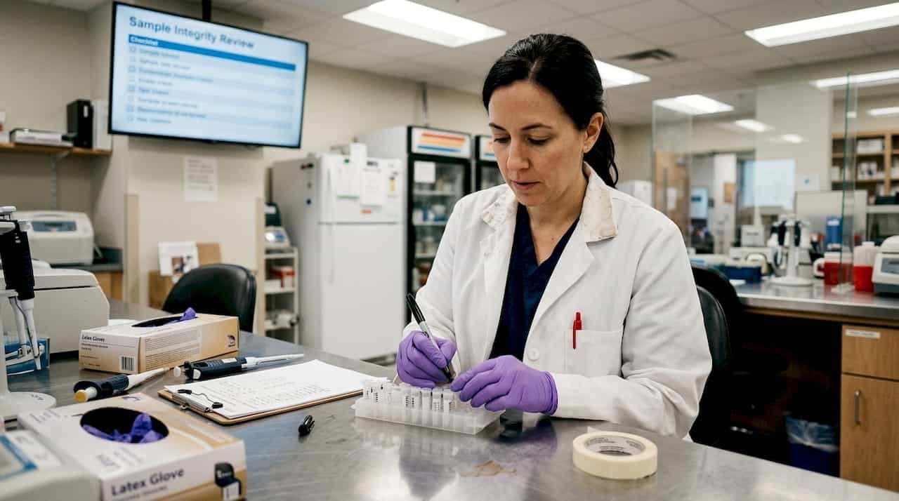Lab technician labeling drug test samples