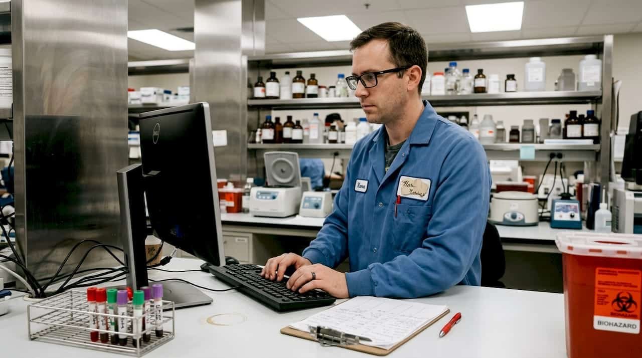 Technician preparing toxicology samples in hospital lab