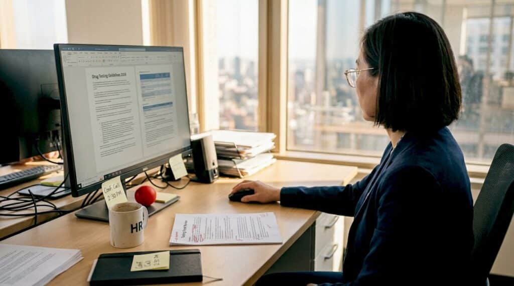 HR officer reviews drug test panel guidelines