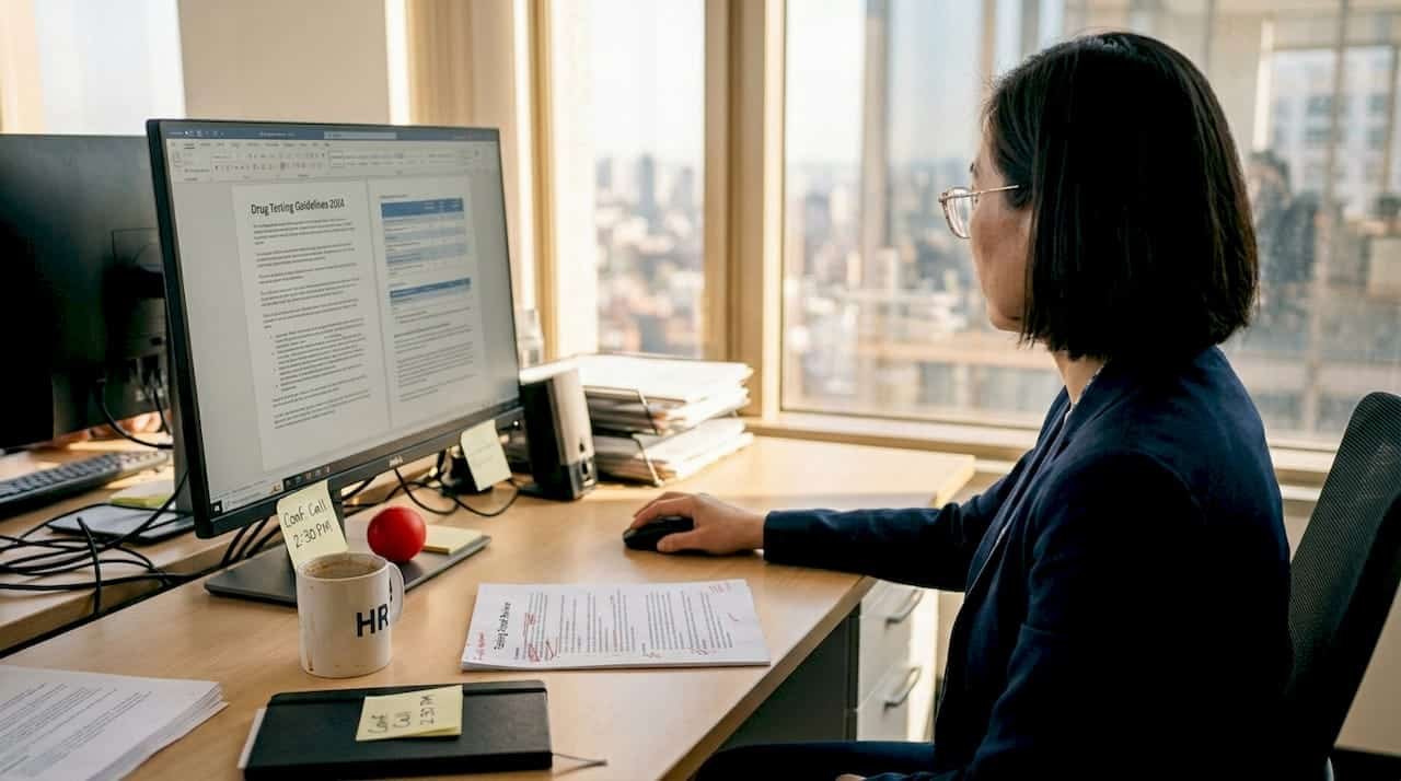 HR officer reviews drug test panel guidelines