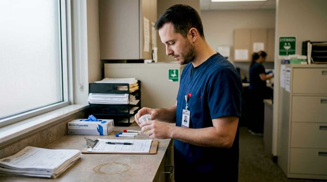 Technician prepares instant drug test in clinic