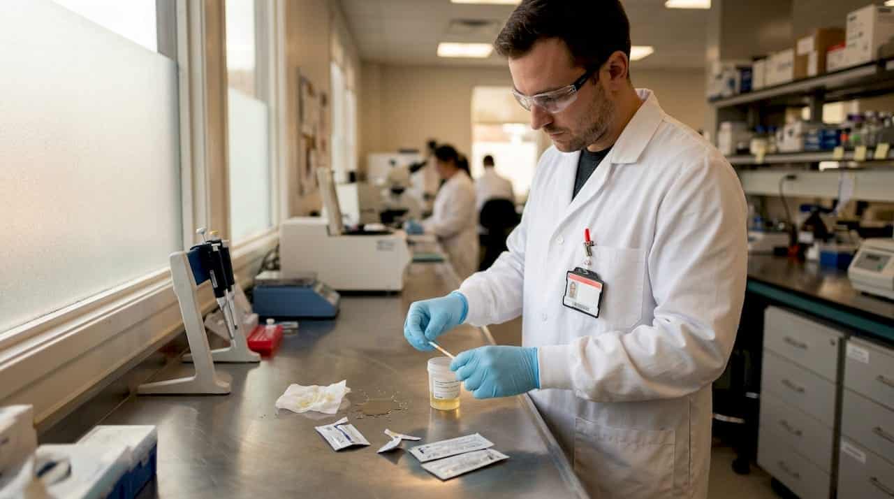 Lab technician uses test strip on urine sample