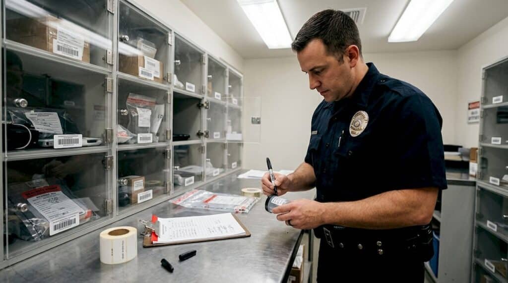 Officer labeling specimen in evidence room
