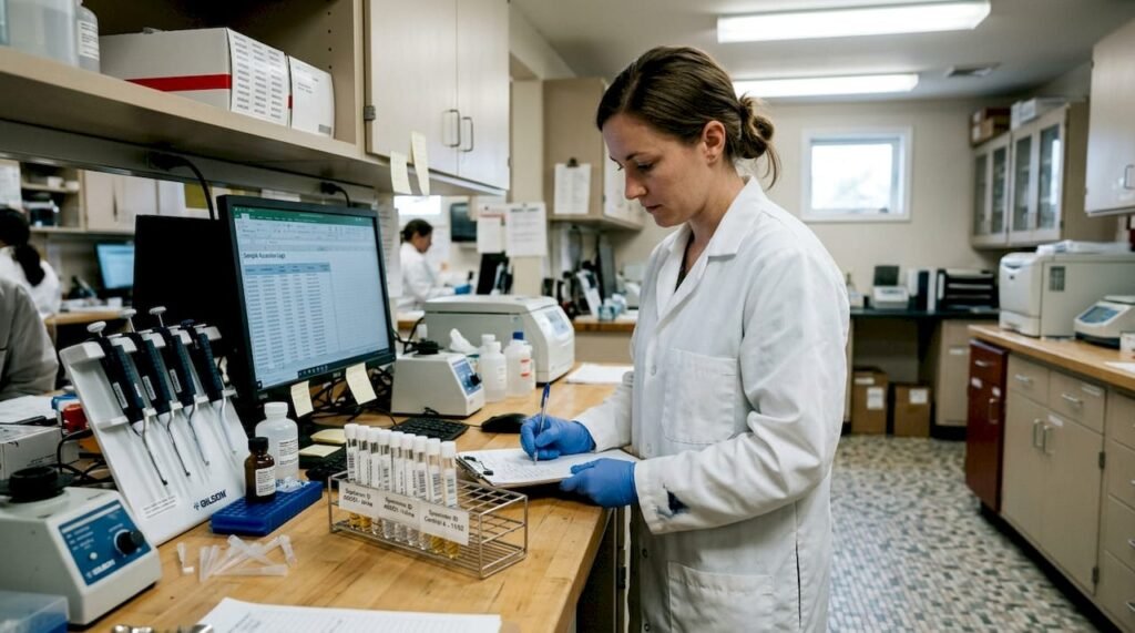 Technician reviewing drug test samples in lab