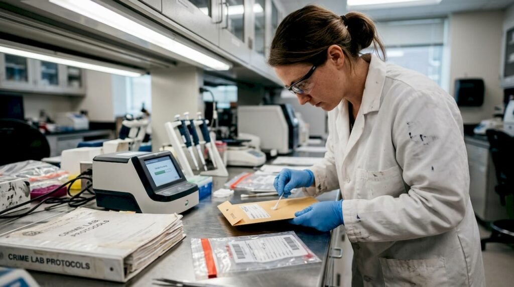 Technician performing rapid DNA test in police lab