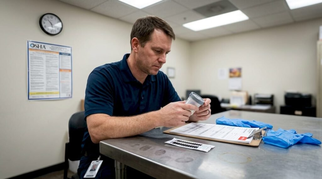 Technician inspecting specimen cup in testing room