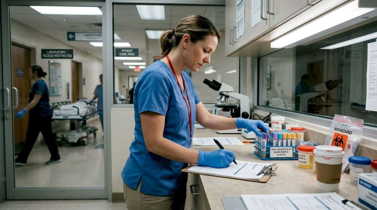 Technician handling urine and saliva sample kits