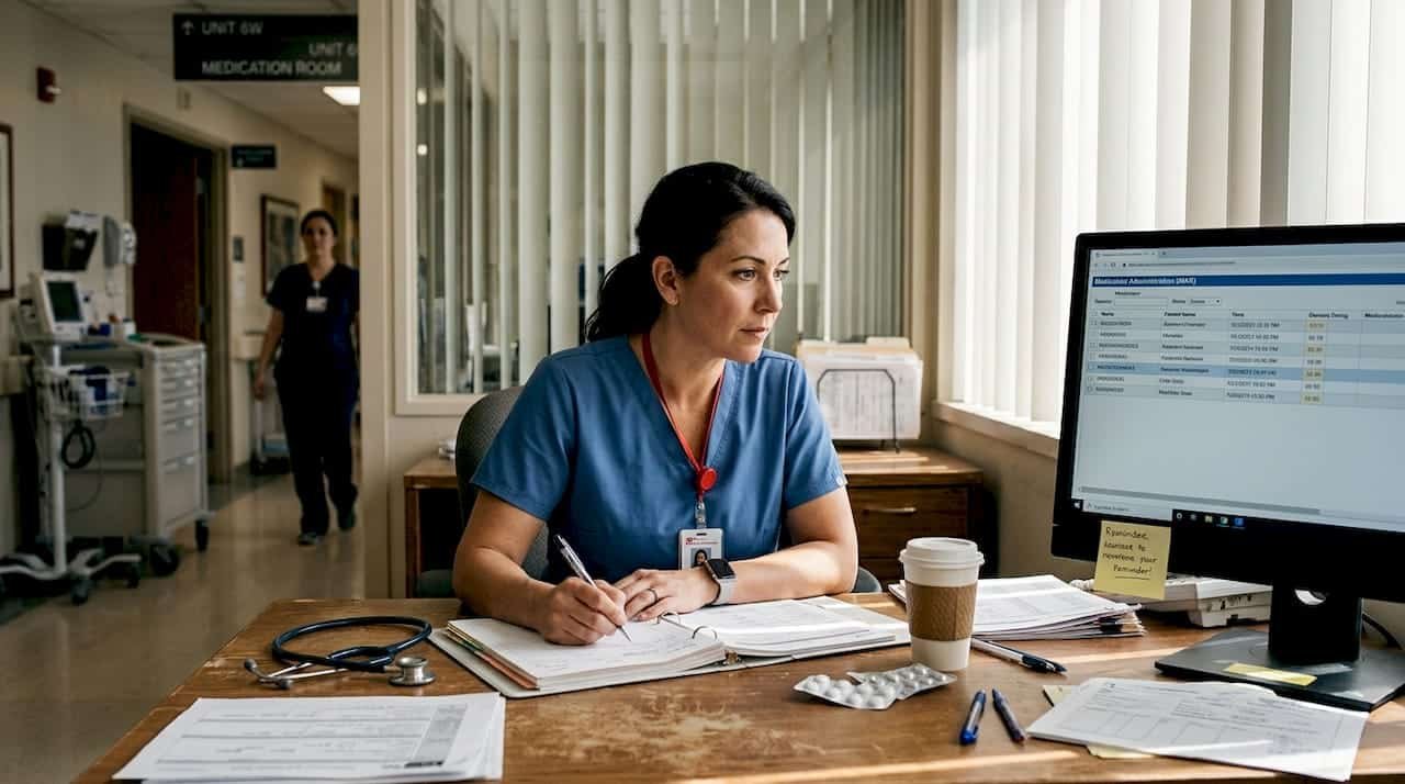 Nurse documents medication at busy station