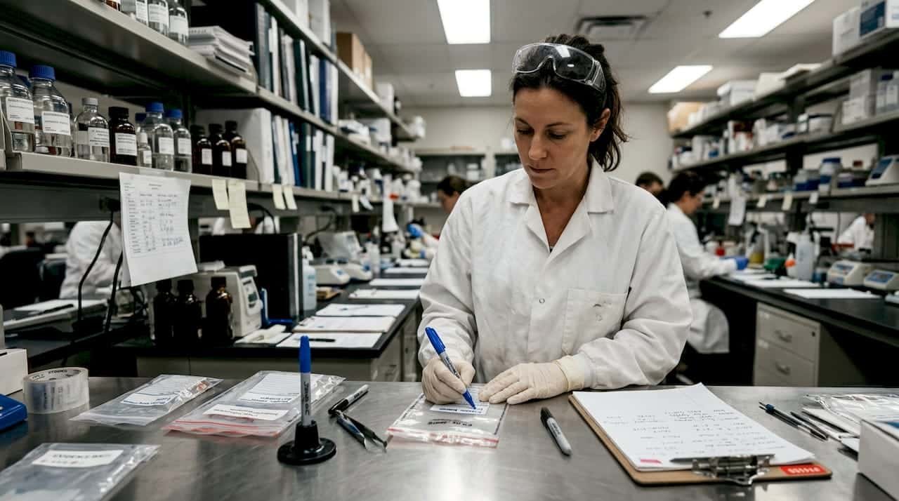 Forensic lab technician labeling evidence bags