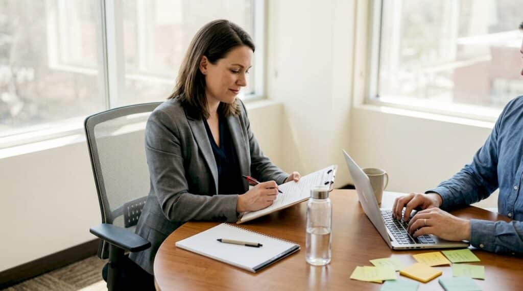 Compliance manager reviewing checklist at meeting table
