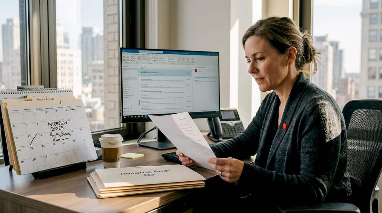 HR manager reviewing candidate resume in office