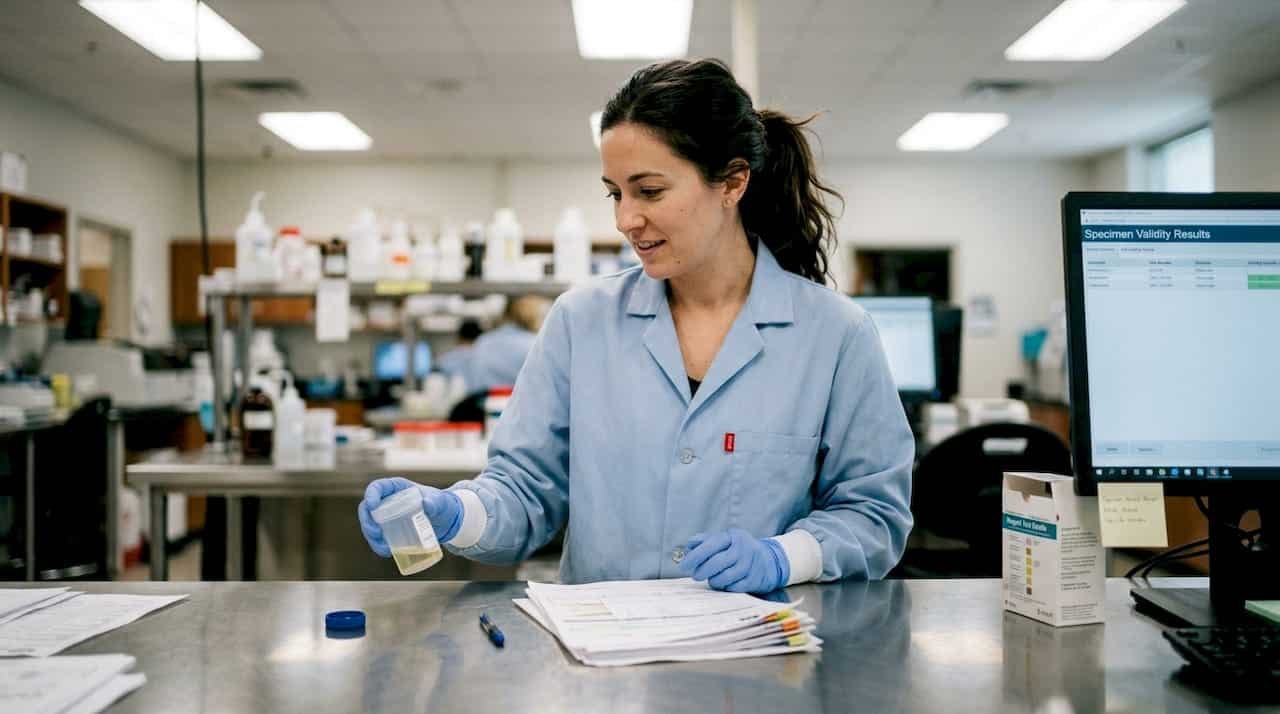 Lab technician verifying urine specimen validity
