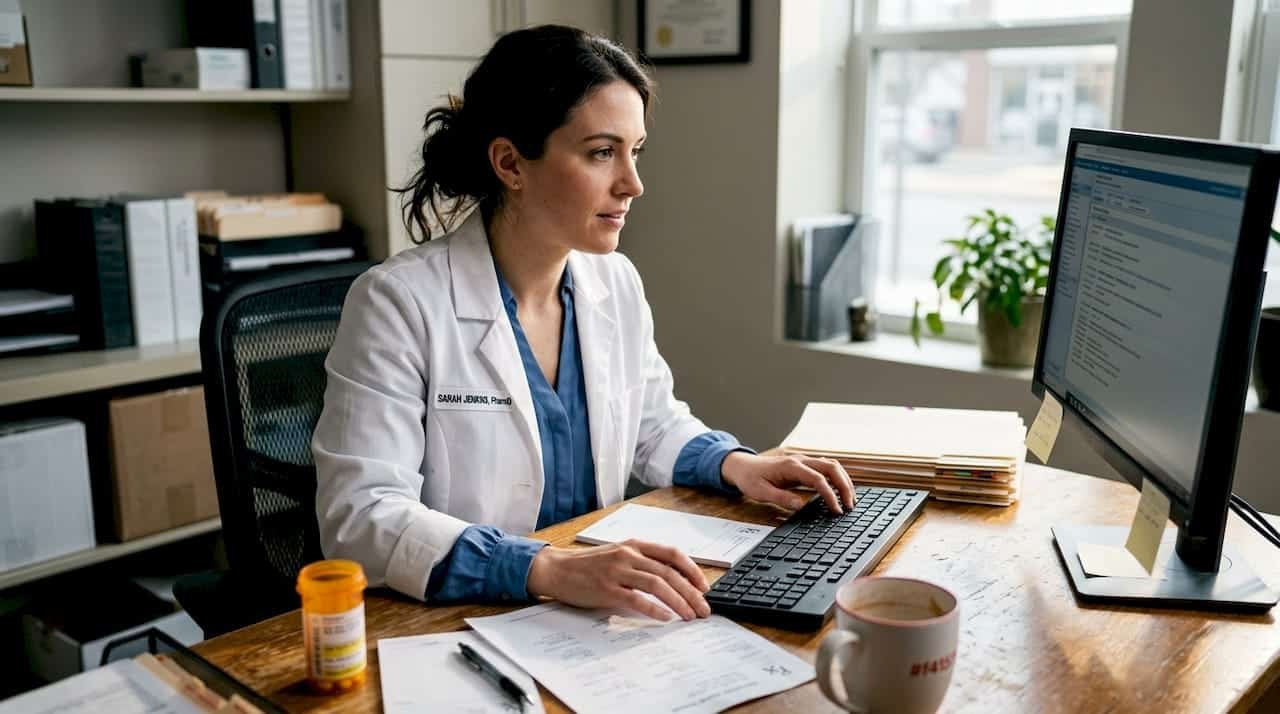 Pharmacist reviewing prescription data at clinic desk