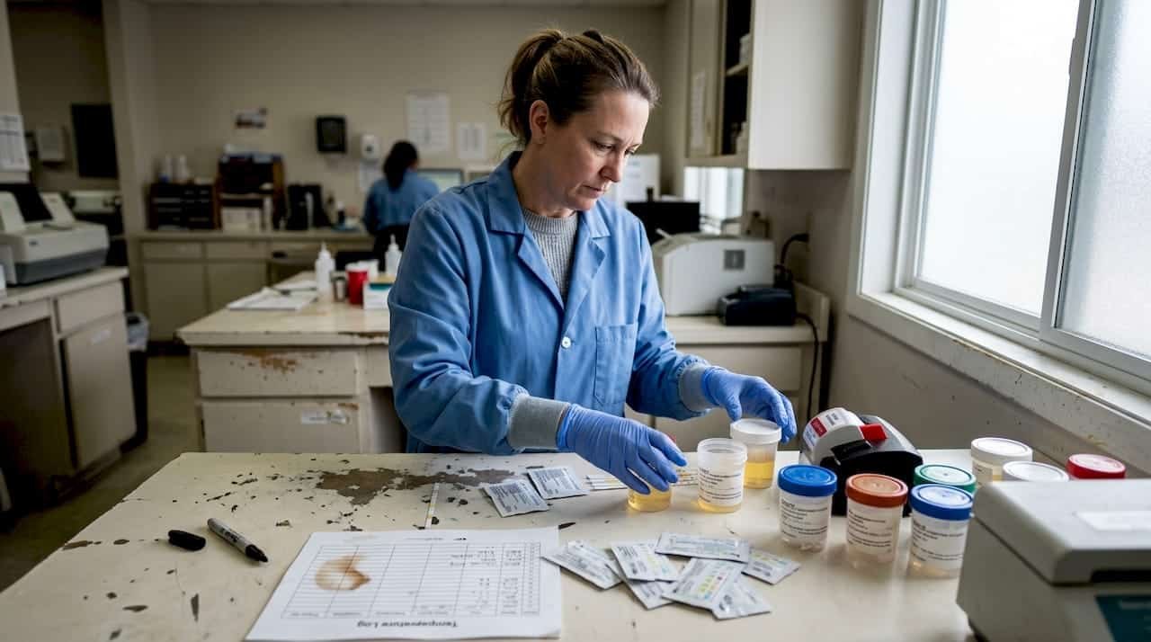 Lab technician reviewing urine adulteration test samples