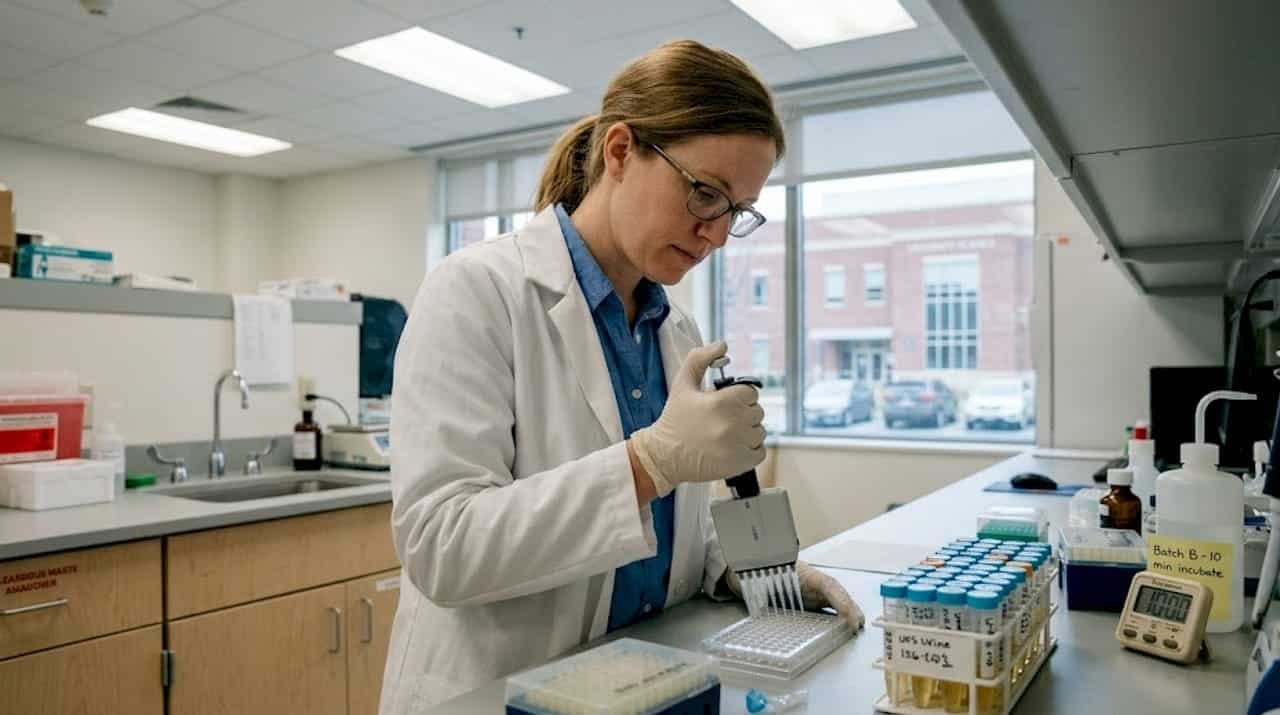 Lab technician preparing immunoassay screening samples