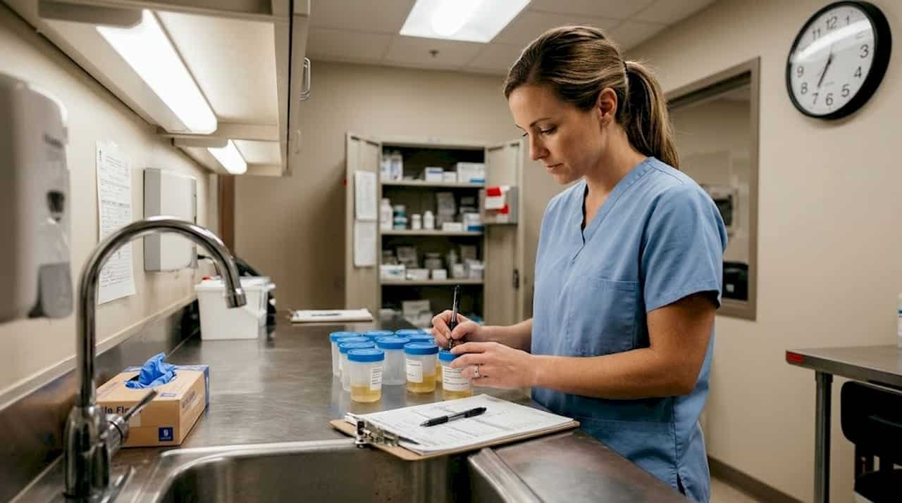 Lab technician preparing urine collection supplies