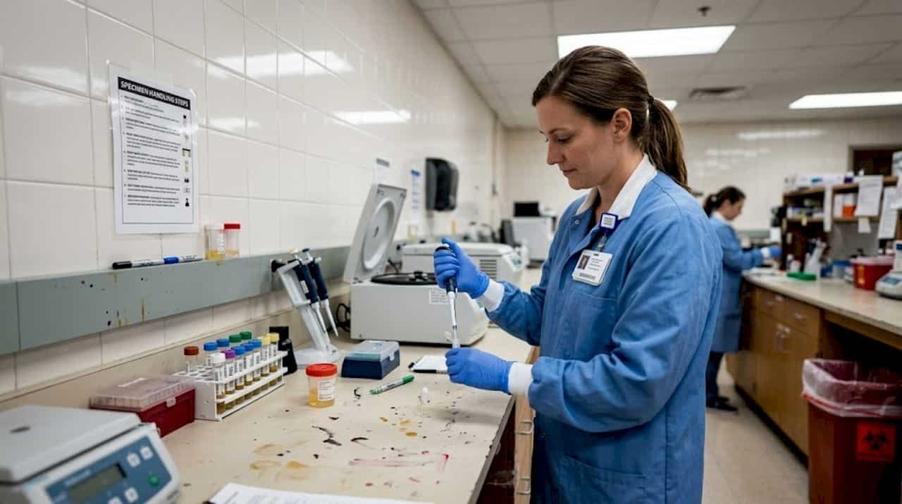 Lab technician preparing urine sample in hospital lab