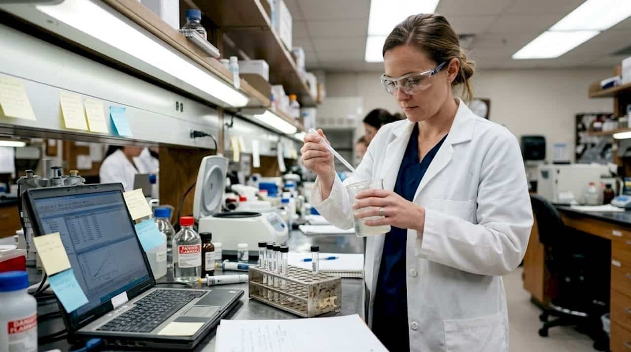 Forensic scientist working at busy drug lab bench