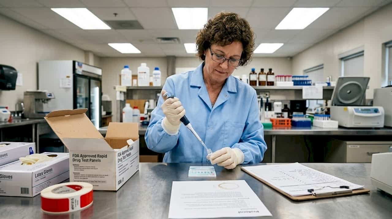Lab tech validating FDA approved drug test kit