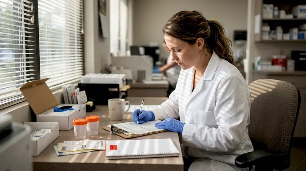 Lab technician reviewing drug test paperwork