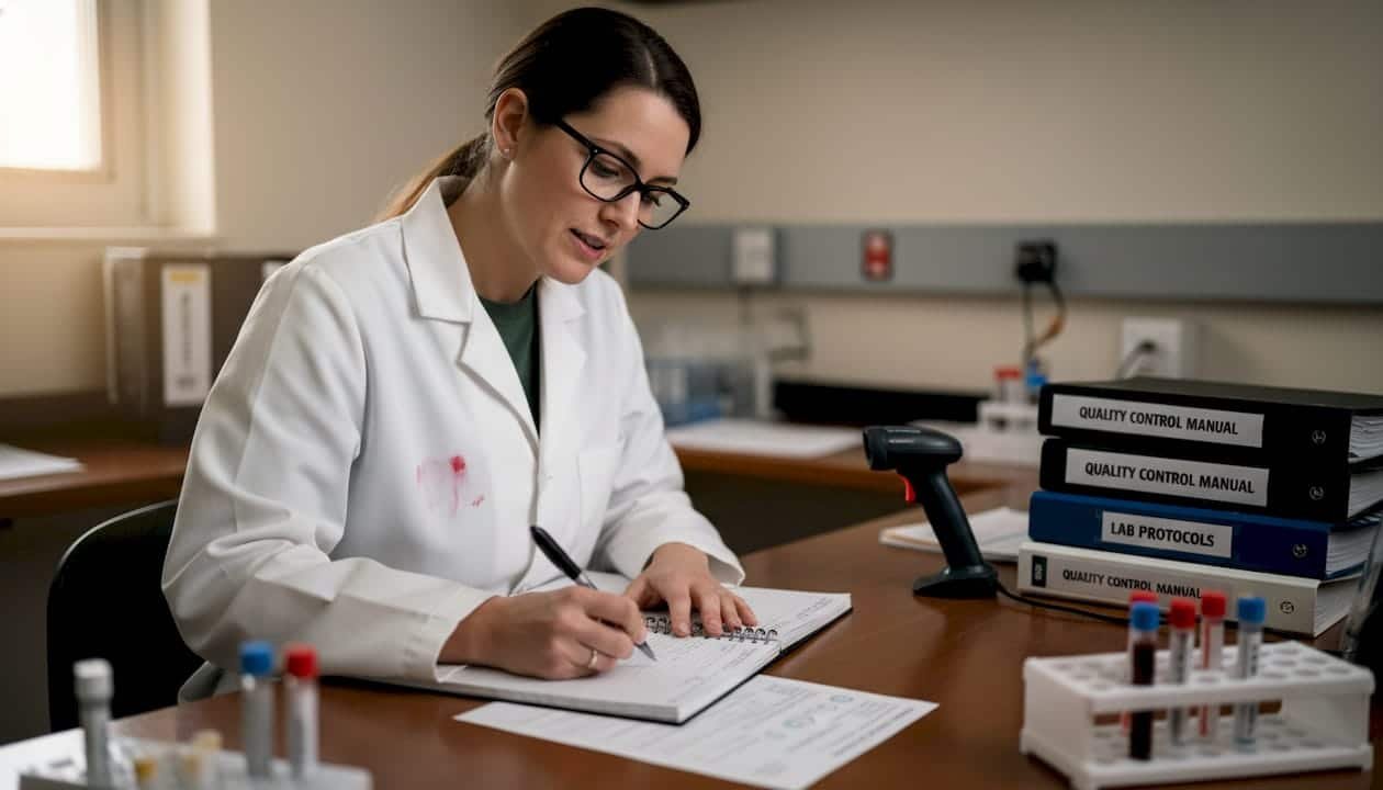 Lab technician reviewing QC checklist at workstation