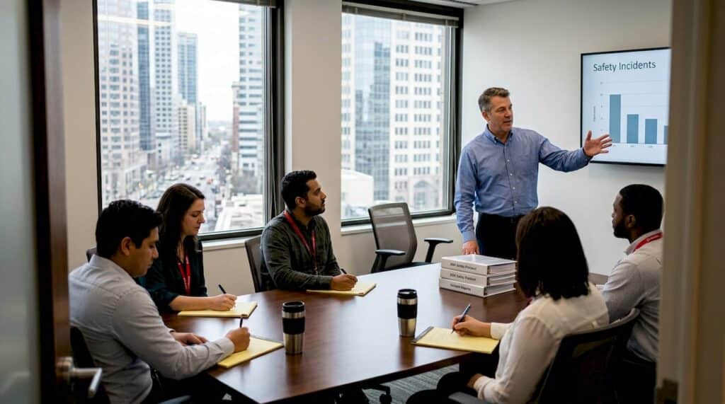Office team discusses safety policy in meeting